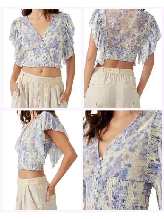 Free People Tops - Free People Sugar Top L Porcelain Blue Floral Sheer Smocked Fairycore Blouse